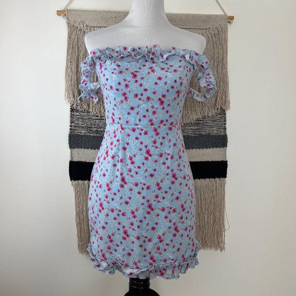 REVOLVE Superdown Cruz Off Shoulder Blue Floral Mini Dress Size Medium - Picture 7 of 12